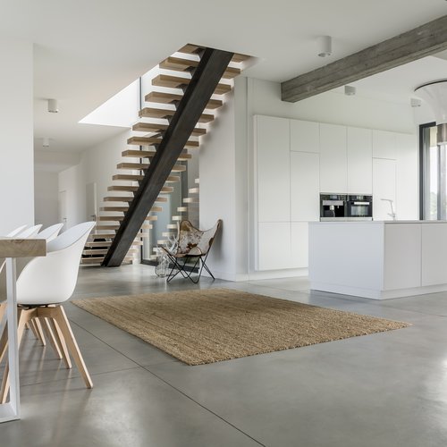 Area rug at the center of the living area